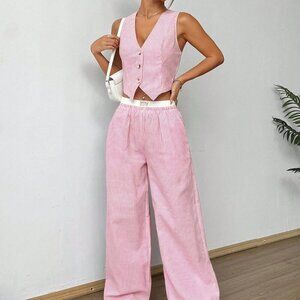 Multicolor Casual Women's Striped Sleeveless V-Neck Top And Pocket Pants Set